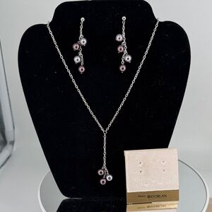 Dorlan Silver Necklace and Earring Set with Purple and White Pearl Accents P37